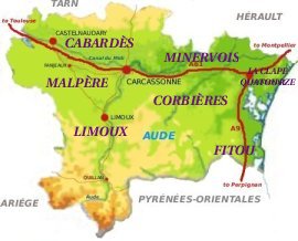 map showing the locations of the AOC wines in the Aude